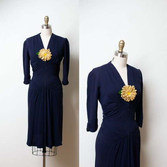 1940s New York Creation Dress / 40s Navy Blue Rayo
