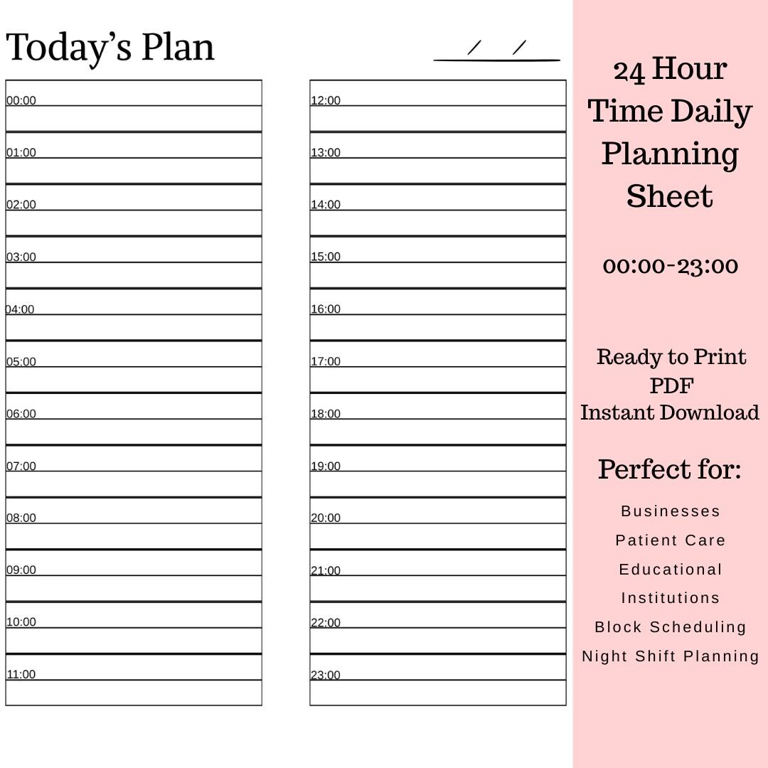 Daily Schedule Printable 24 Hour Time Daily Planner Page Instant