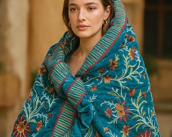 Embroidered Silk Velvet Shawl: Floral Bridal Wrap