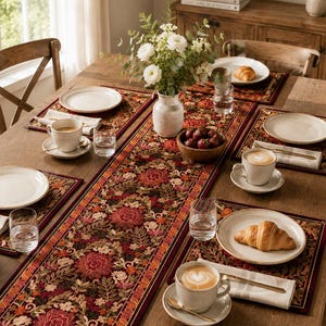 Handmade Kashmiri Table Runner Set, Floral Embroidered Dining Decor, 6 Placemats