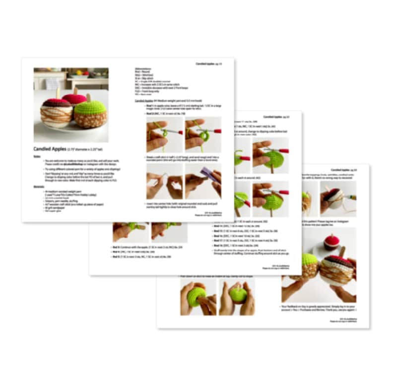 Puede incluir: Un patr&oacute;n de crochet para hacer manzanas caramelizadas. El patr&oacute;n incluye instrucciones y fotos que muestran c&oacute;mo hacer crochet de las manzanas. Las manzanas terminadas tienen aproximadamente 7 cm de di&aacute;metro.