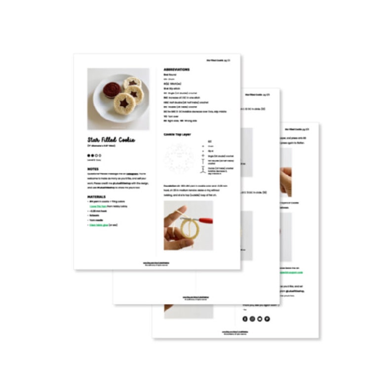 May include: A crochet pattern for a star-filled cookie, with instructions and abbreviations. The pattern includes a photo of the finished product, a close-up of the crochet stitch, and a diagram of the cookie top layer.
