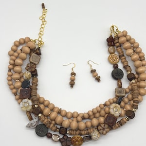Chunky Wooden Bead Necklace Set: Boho Chic Czech Glass Jewelry