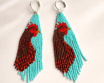 Chicken Fringe Earrings, Beaded Bird Earrings, Turquoise Miyuki Dangles, Statement Hoop Earrings, Farmhouse Gift for Her