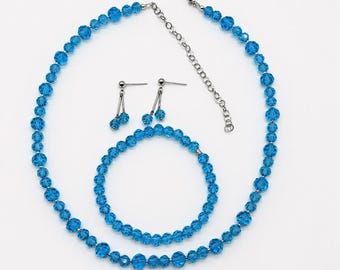 Conjunto de joyas de cristal de aguamarina, conjunto de collar, pulsera y pendientes azules, conjunto de acero inoxidable con cuentas, regalo a juego para ella.