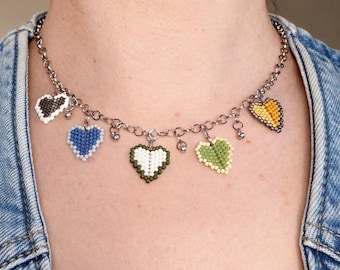 Conjunto de collar de corazón colorido con pendientes de botón a juego, joyería de corazón hecha a mano de Miyuki, regalo para ella.