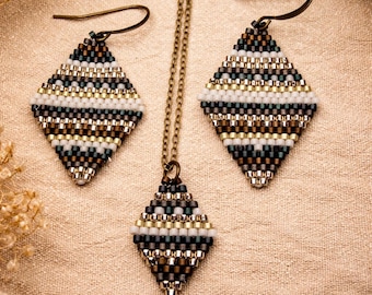 Beaded Jewelry Set, Miyuki Diamond Earrings Necklace Set, Seed Bead Pendant Set, Antique Bronze Jewelry, Multicolor Gift