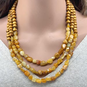 Bohemian 3-Strand Gemstone & Pine Wood Necklace Set with Earrings - Yellow Statement Jewelry