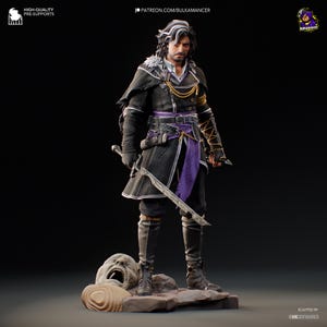 May include: A detailed figurine of a character in a black coat with purple accents, holding a sword. The figure has long, dark hair with white streaks and is standing on a stone base with a sculpted face. The figure is wearing black boots and gloves.