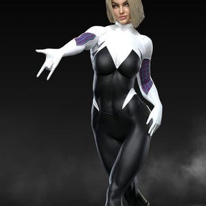 May include: A figure in a black and white superhero costume with a high collar and white gloves. The costume has a spider-web design on the arms. The figure has short blonde hair and is posed with one hand making a gesture.