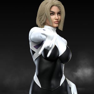 May include: A digital rendering of a female character in a black and white bodysuit. The character has short blonde hair and is wearing white gloves. The suit has white accents and a geometric design on the chest. The character is pointing with her right hand.