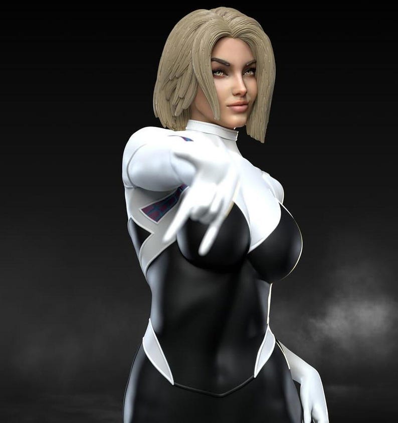 May include: A digital rendering of a female character in a black and white bodysuit. The character has short blonde hair and is wearing white gloves. The suit has white accents and a geometric design on the chest. The character is pointing with her right hand.