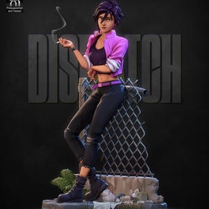 May include: A figurine of a person with short purple hair, wearing a pink jacket, black pants, and boots, leaning against a chain-link fence. The word "DISPATCH" is in the background. The figurine is on a base with the text "Presupported and Tested".