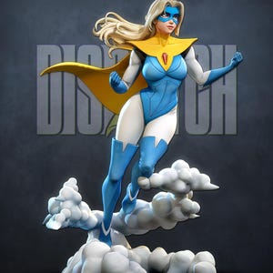May include: A superheroine figurine in a dynamic pose, wearing a blue and white bodysuit, blue mask, and a yellow cape. The figure has long blonde hair and is standing on a cloud base. The word "DISPATCH" is in the background.