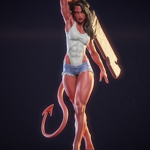 May include: A 3D-rendered figurine of a female demon with red skin, horns, and a tail. She wears a white bodysuit and denim shorts, holding a large sword. The figurine is on a platform with the text "Lutidei" and the "NYMPHA3D" logo.