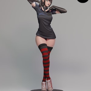May include: A figurine of a character wearing a black short-sleeved dress, black gloves, and red and black striped thigh-high socks. The character is wearing red sneakers. The figurine is standing on a black circular base. The logo "E.S.M" is visible.