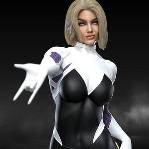 May include: A digital illustration of a female superhero in a white and black bodysuit. The suit features a spider-web design on the shoulders and arms. The character has blonde hair and is making a hand gesture.