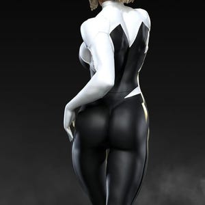 May include: A figure in a black and white bodysuit with a blonde bob hairstyle. The suit has white sleeves and accents, with a black torso and legs. The figure is posed with one hand at their side, and the other hand is out of frame.