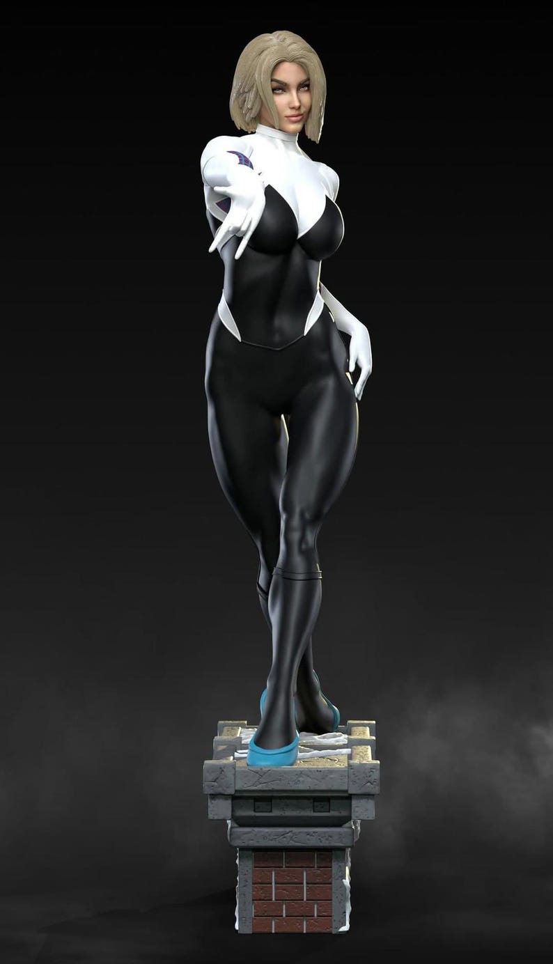May include: A statue of a female superhero in a black and white bodysuit with a blonde bob hairstyle. The figure is standing on a stone structure and wearing blue shoes. The overall aesthetic is a comic book or fantasy theme.