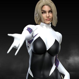 May include: A digital rendering of a female superhero in a white and black bodysuit with a spider-web design on the shoulders. The character has blonde hair and is gesturing with one hand.