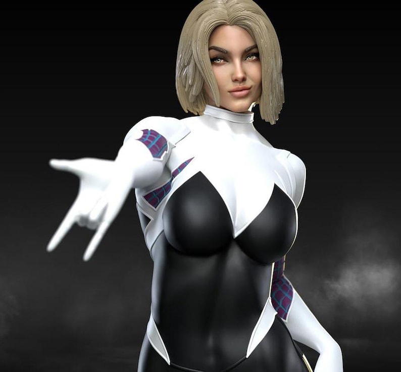 May include: A digital rendering of a female superhero in a white and black bodysuit with a spider-web design on the shoulders. The character has blonde hair and is gesturing with one hand.