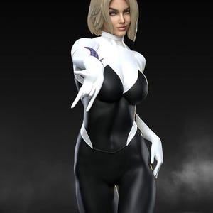 May include: A digital rendering of a character in a black and white bodysuit with white gloves. The character has short blonde hair and is pointing towards the viewer. The bodysuit has a spider-web design on the shoulder.