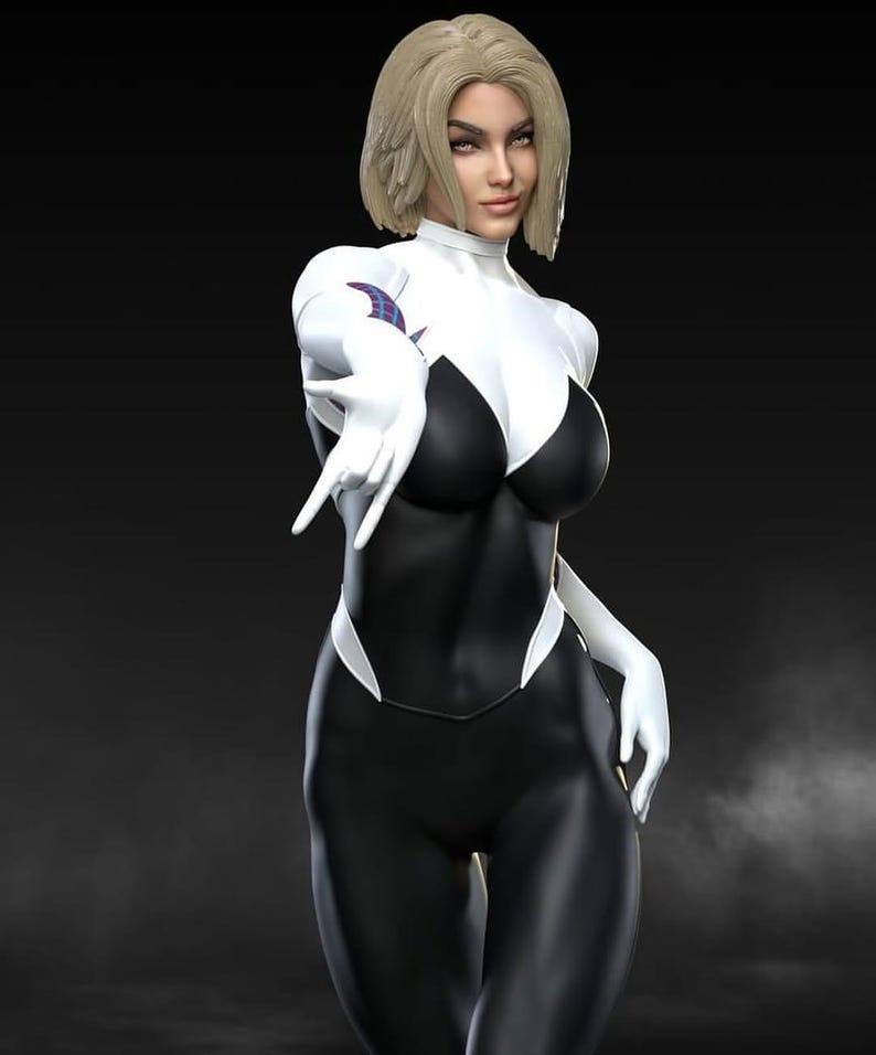 May include: A digital rendering of a character in a black and white bodysuit with white gloves. The character has short blonde hair and is pointing towards the viewer. The bodysuit has a spider-web design on the shoulder.