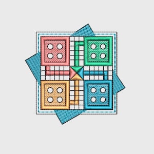 May include: Embroidered Ludo board design featuring red, green, yellow, and blue squares, each with white circles. The board is surrounded by a teal geometric pattern, creating a colorful and playful aesthetic. Perfect for game lovers.