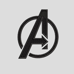 May include: Black embroidered Avengers logo patch. The design features a stylized letter "A" with an arrow and a triangle, enclosed within a circular border. The patch is on a light gray background.