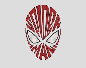 Pode incluir: Design de máscara do Homem-Aranha bordada em vermelho e branco. A palavra "SPIDER" está arqueada no topo e "MAN" na parte inferior. Os olhos são brancos com contornos pretos, sobre um fundo cinza claro.