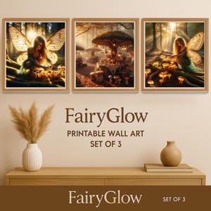 Set di 3 stampe da parete Fairy Glow - Decorazioni con funghi luminosi e fate della foresta - Stampe magiche per la stanza in stile cottagecore autunnale