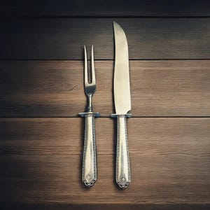 May include: A silver carving fork and knife set with ornate handles, displayed on a dark wood surface. The fork has two prongs, and the knife has a curved blade. The handles feature a decorative pattern.