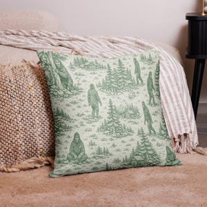 Bigfoot Toile Throw Pillow-Green- Sasquatch Cabin Cryptid Woodland Home Decor