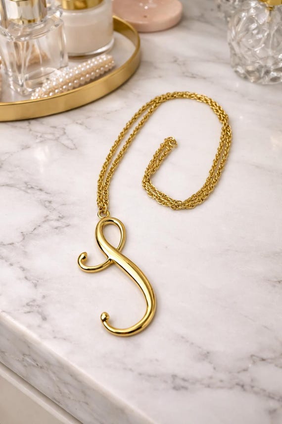 Script S Initial Necklace 24 Inch Chain Gold Tone… - image 1