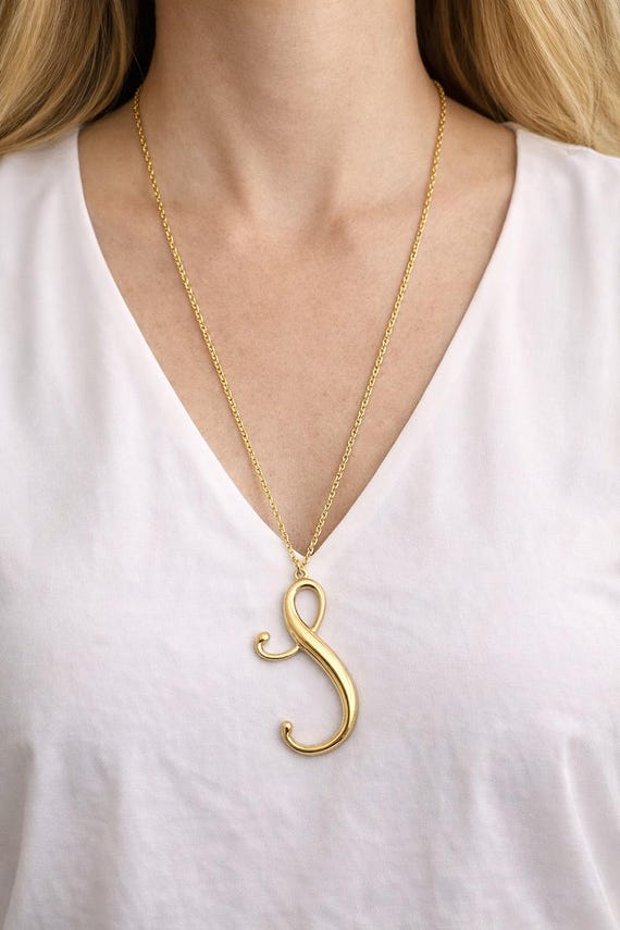 Script S Initial Necklace 24 Inch Chain Gold Tone… - image 2