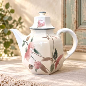 Vintage Mikasa Silk Flowers Coffee Pot, 8.5 Inch Floral Porcelain Teapot, Pink Flowers and Blue Trim, Cottagecore Tea Party Decor