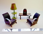 UNIQUE 1920s Vintage Antique Doll House Larger scale Miniature Art Deco French Arm Chairs Table Lamp Bakelite Radio Furniture Bleuette