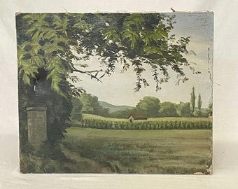 1910/1920 Vooroorlogse vintage midden van de eeuw modern origineel olieverfschilderij Pastorale scène Bomen veld Zwitsers Zwitserland lente Orig. Brancard