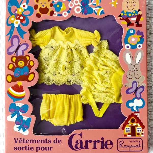 Vintage Poupées RAYNAL 1960er Jahre Modepuppen Outfit Kinderkleidung Vètements de sortie pour Bébé Poupon Enfant CARRIE Gelb 3-teilig Party O/F