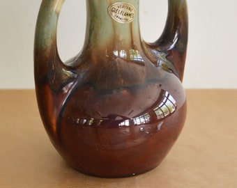 Vaso antigo vintage DENBAC, em cerâmica com esmalte e motivo de gotejamento, estilo Jugendstil suíço/francês, datado de 1890-1900, com design vegetal em tons de marrom e creme.