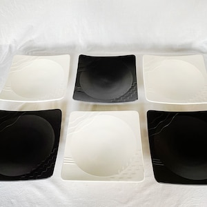 6 Antique Vintage French Pottery SALINS FRANCE 20s/30s Ceramic White & Black Glaze Cubistic Geometric Art Deco Large Dinner Plates Ziggurat
