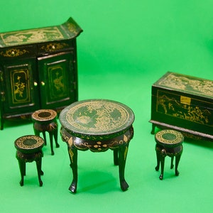 30s Vintage Antique Doll&#39;s House Chinese Black Wood Salon Chest Cabinet Chair(s) Stool Table Mandarin Oriental Chippendale English Dollhouse