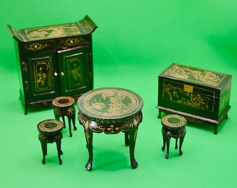 30s Vintage Antique Doll&#39;s House Chinese Black Wood Salon Chest Cabinet Chair(s) Stool Table Mandarin Oriental Chippendale English Dollhouse