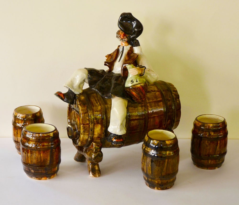 40S Cagliari Italia Vintage Lauliari Ceramiche D'arte Stelio Mola Figural Drunk Barrel Cups Ceramic Decanter Wine Carafe Hand Sculpt Signed