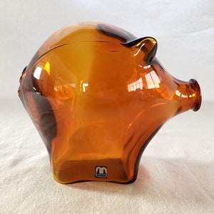 50s-60s Cascade England Vintage Mid-Century Modern Mod POP Piggy Bank Stylized Modernist Labeled Gold Amber Glass Sklo Union style Money Box