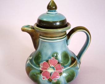GARMISCH 1960s German Pottery Art Deco Hibiscus TEAPOT Covered Pitcher Schramberg Schramberger Majolika-Fabrik Mid-Century Modern Ceramic