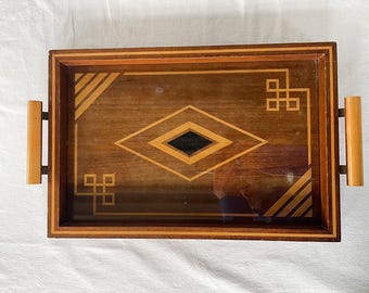 SZTUKA I RZEMIOSŁO XIX wieku Dekoracja Francuska Francja Vintage Antyczny Europejski Ręcznie robiony W całości z litego drewna Intarsjowana intarsja TACA Styl lat 70./80. XIX wieku