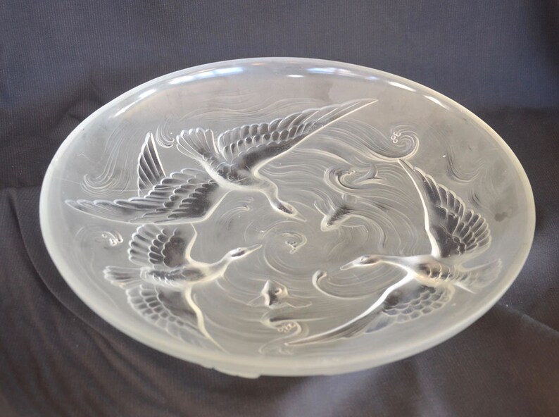 Sebino Lalique-Style VERLYS 1920s Auth.Original Art Deco French Low Bowl Designer Signed Les Canards Sauvage Frosted Cubistic Modernist
