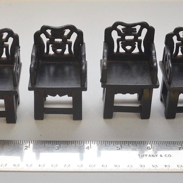 18th/19th Century Vintage Antique Doll's House Chinese Black Wood Salon Chairs Carved Mandarin Oriental Chippendale for English Dollhouse