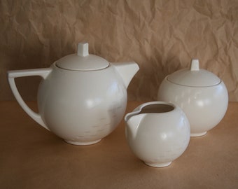 Antique Vintage French Pottery SALINS FRANCE 1920s/30s Ceramic White Glaze Cubistic Geometric Modernism Tea Set Teapot Creamer Sugar Bowl